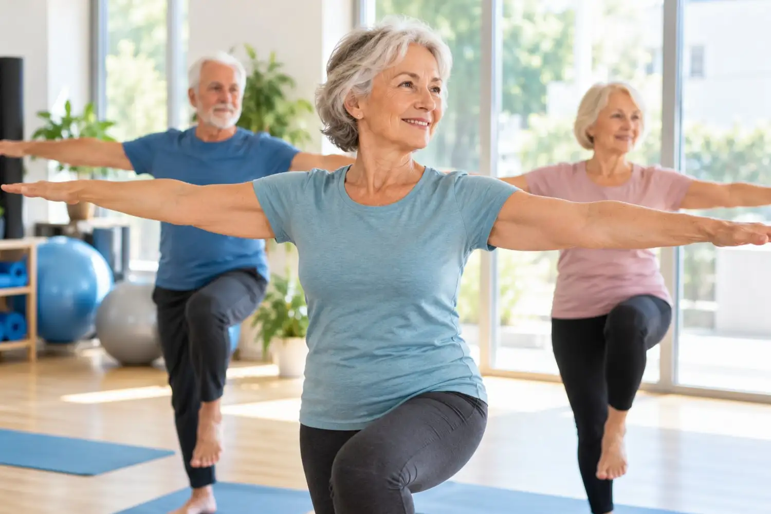 Persone adulte durante esercizi progressivi di equilibrio e mobilità in una sala fitness luminosa